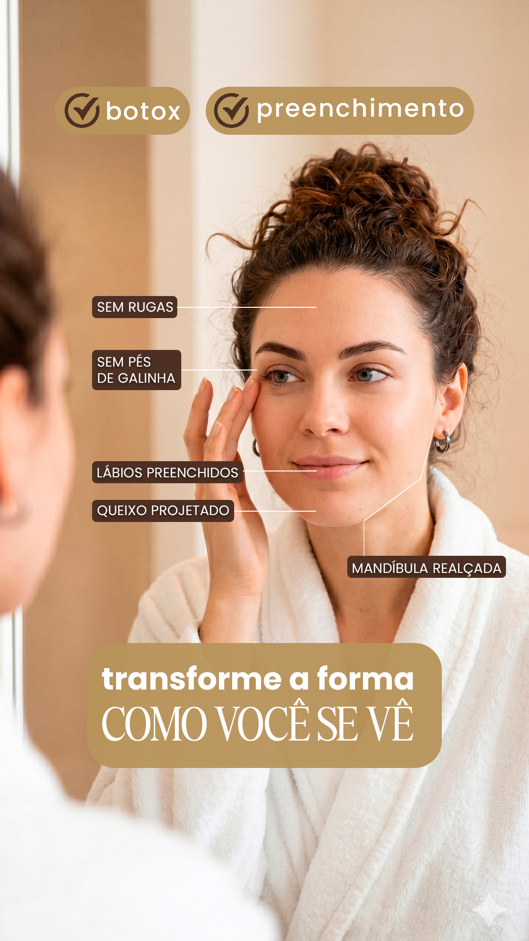Mapa de pontos de harmonização facial: testa sem rugas, sem pés de galinha, lábios preenchidos, queixo projetado e mandíbula realçada